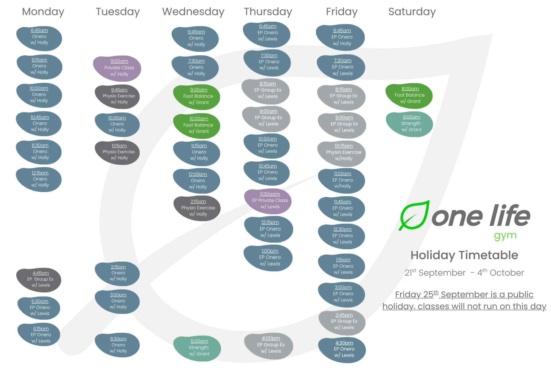 Holiday Timetable 21st September 4th October